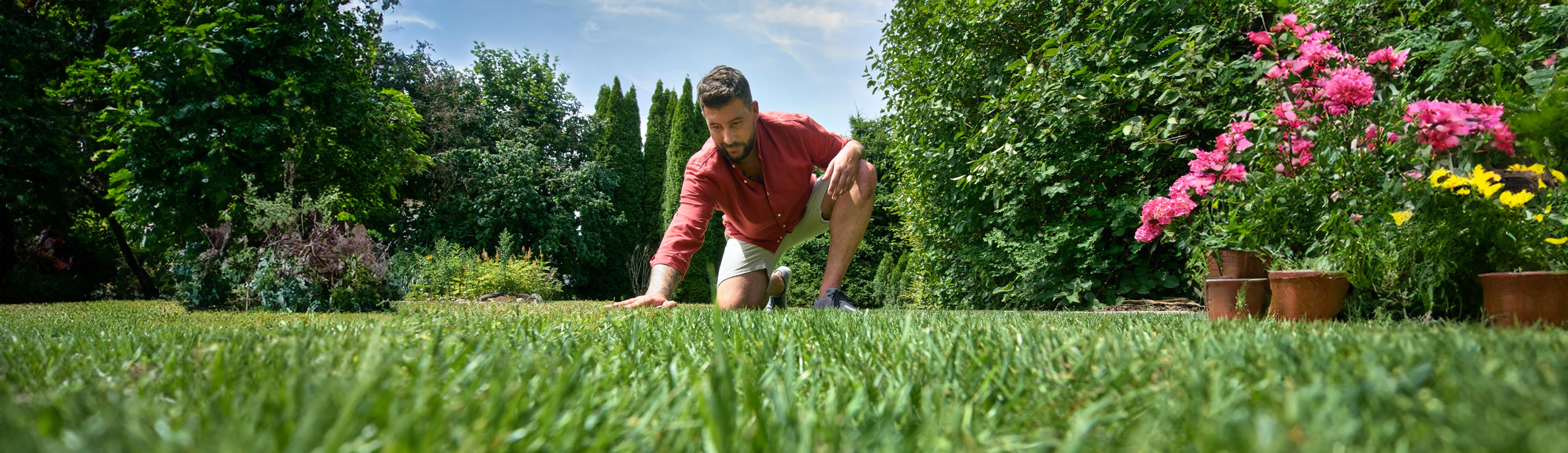 Mann streicht über perfekten Rasen im Garten