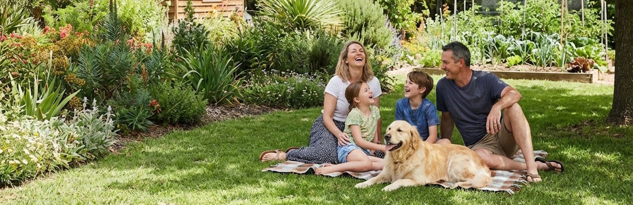 Een familie met hond geniet van een zonnige dag in een ecologische tuin met zonnepanelen, wat de inzet van Evergreen Garden Care voor duurzaamheid, hernieuwbare energie en CO2-reductie symboliseert.
