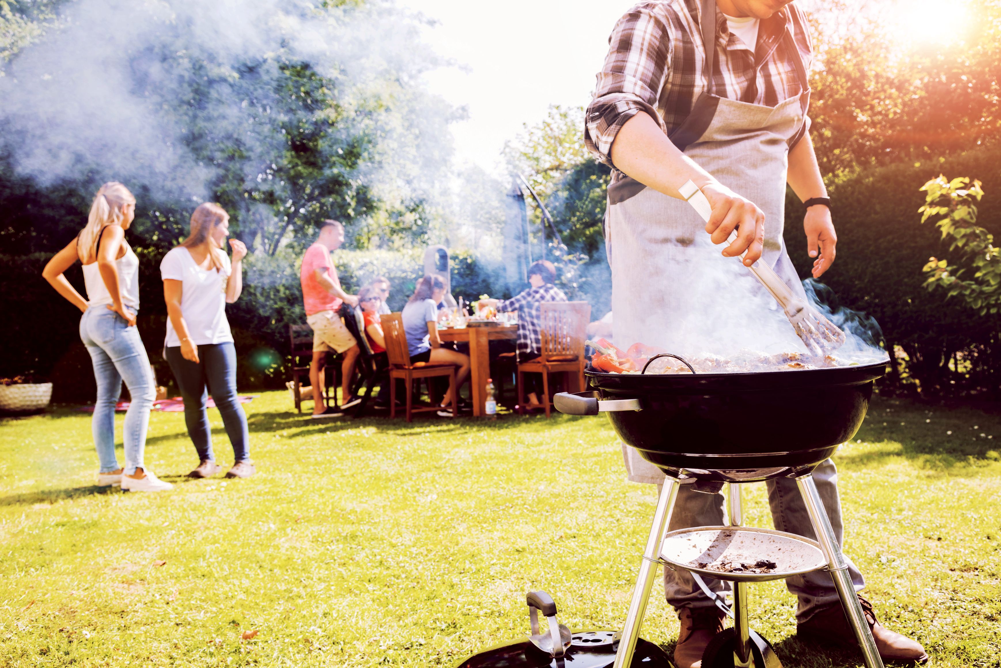 A group of friends enjoying a summer barbeque on a lawn.