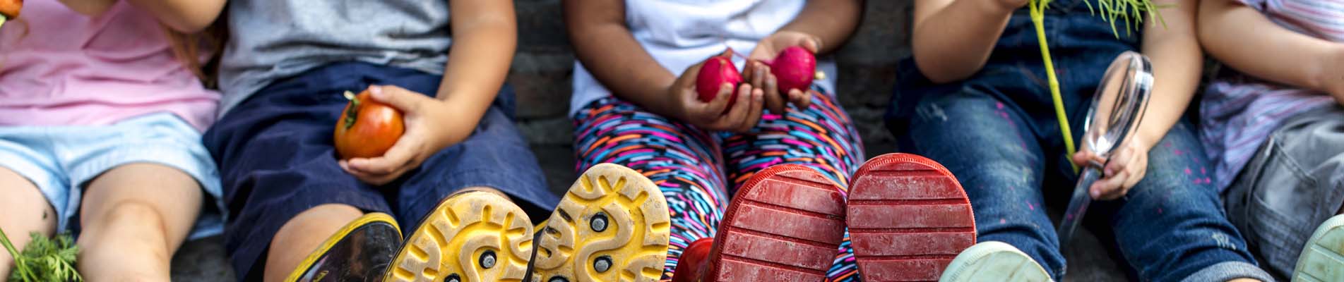 Les enfants sont assis dans une rangée avec des légumes du potager dans le jardin de l'école