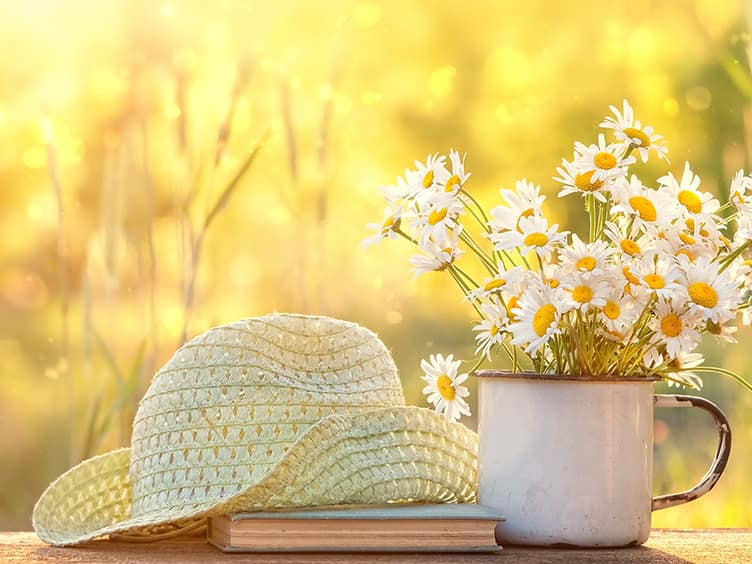 Straw hat next to flowers in a vase