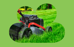 Red lawn mower being pushed over a green lawn
