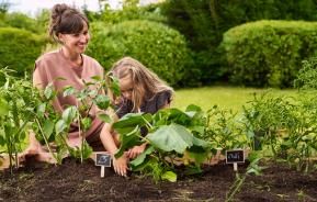 Mutter und Tochter arbeiten im Bodenbeet.