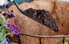 A trowel of soil being put into a hanging basket.