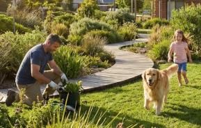 Een gezin geniet van tuinieren en ontspanning in een weelderige tuin met zonnepanelen en een windturbine op de achtergrond, wat de visie van Evergreen Garden Care op hernieuwbare energie, duurzaamheid en CO2-reductie weerspiegelt.