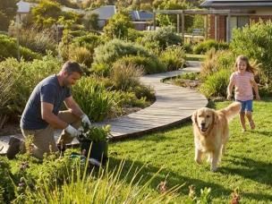 Een gezin geniet van tuinieren en ontspanning in een weelderige tuin met zonnepanelen en een windturbine op de achtergrond, wat de visie van Evergreen Garden Care op hernieuwbare energie, duurzaamheid en CO2-reductie weerspiegelt.