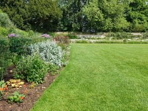 Photo d’une pelouse bien égale et entretenu dans un jardin avec des massifs fleuris.
