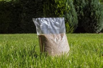 Przezroczyste opakowanie z nasionami trawy stojące na zielonym trawniku