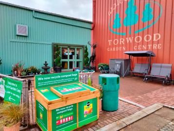 Compost bag recycling bin at Torwood Garden Centre